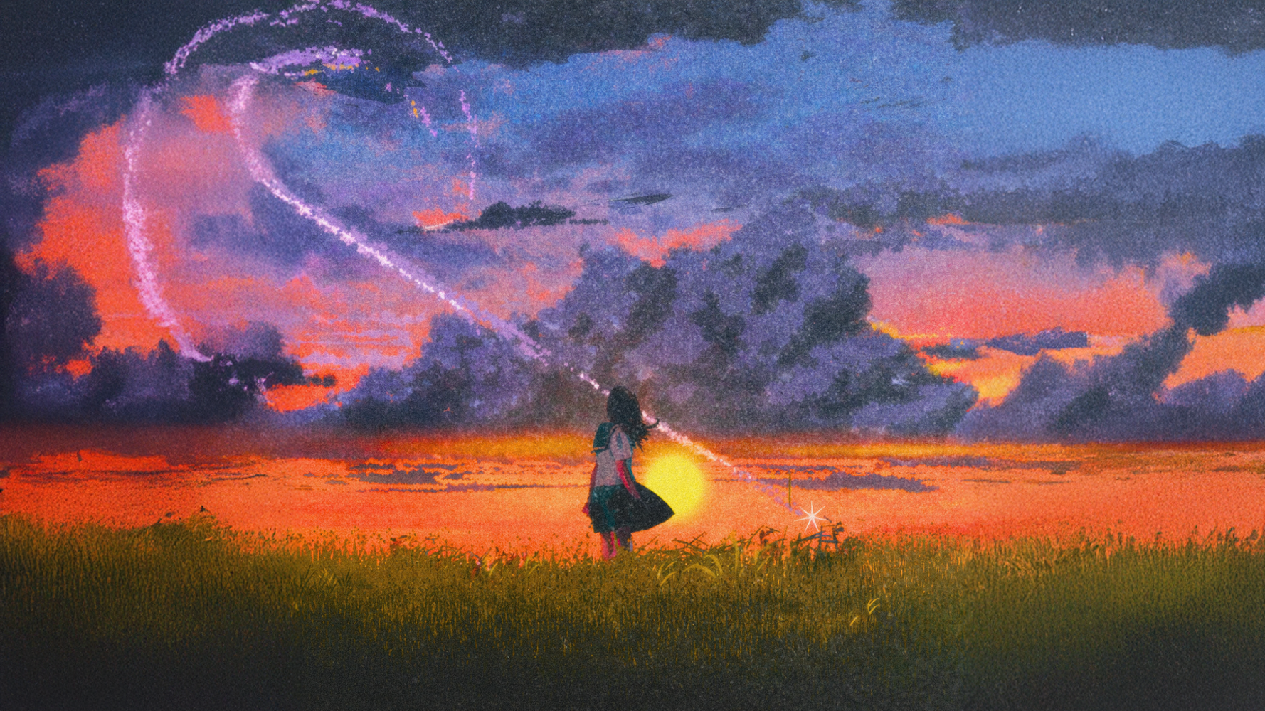 Anime girl standing in field gazing at a dramatic sunset sky